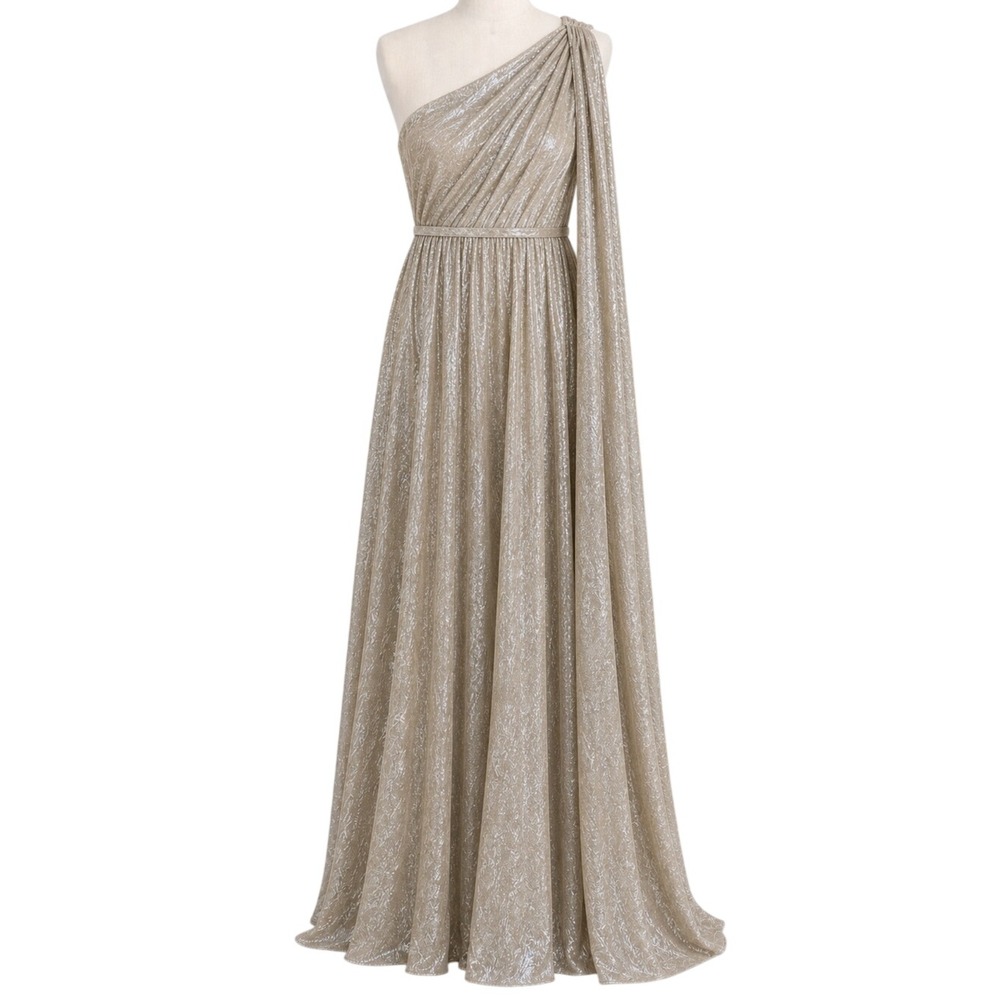 Halston Heritage Metallic One Shoulder Grecian Draped Gown Champagne Size 4 NWOT